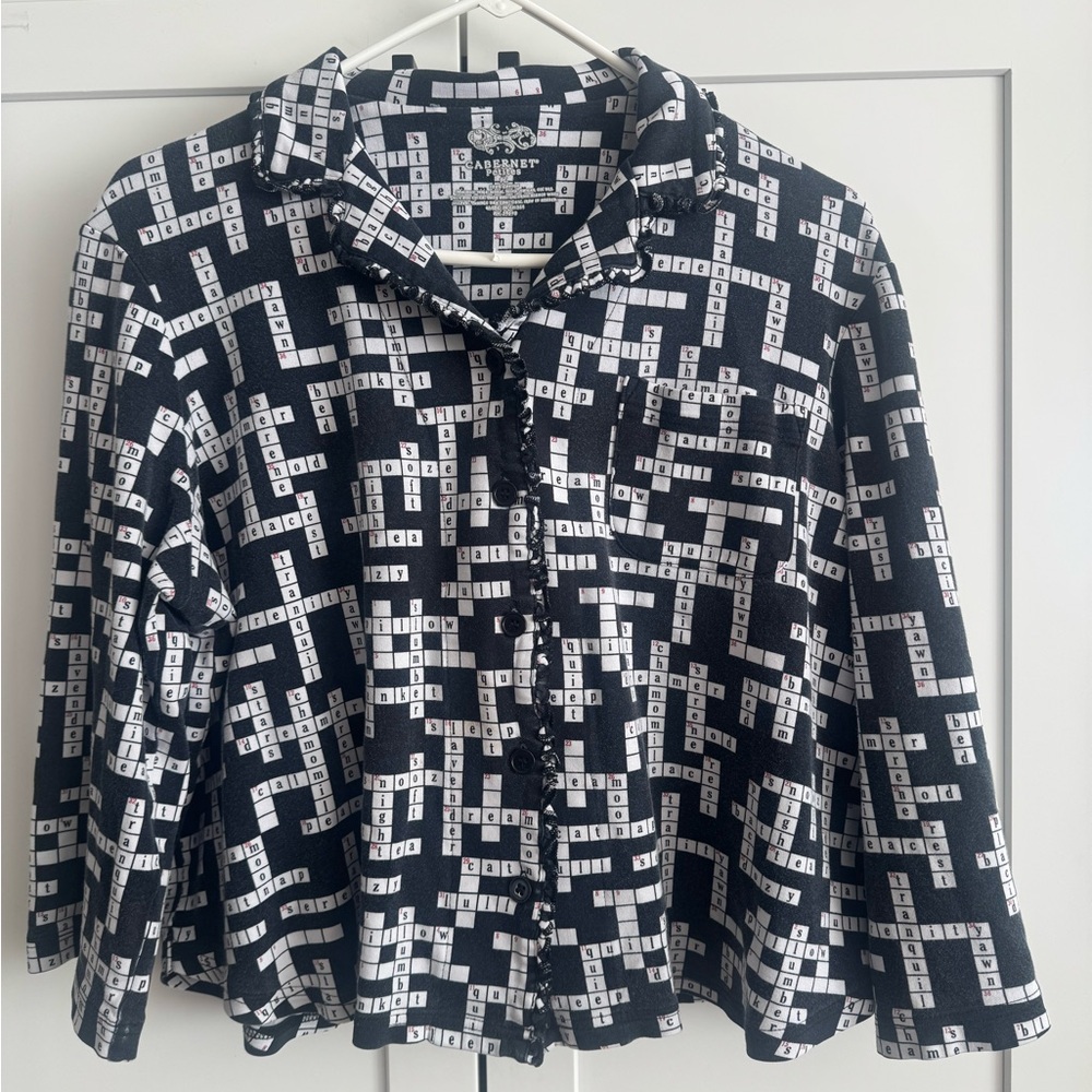 Cabernet Black and White Crossword Pattern two piece pajamas